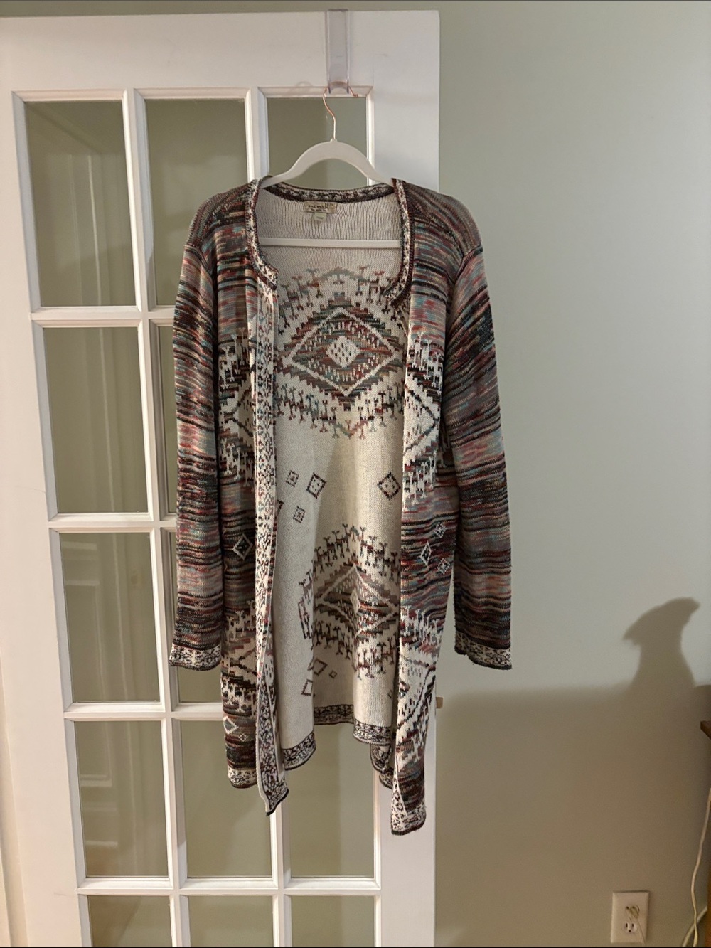One World Women's Open Front Duster Cardigan Sweater Aztec Print Size XL